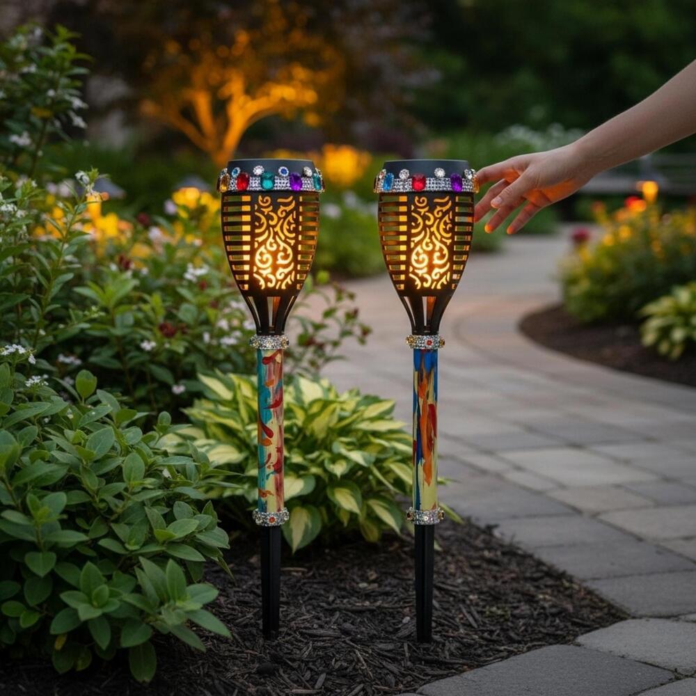 2 Decorative Outdoor Garden Solar Lights with Colorful Gem Accents